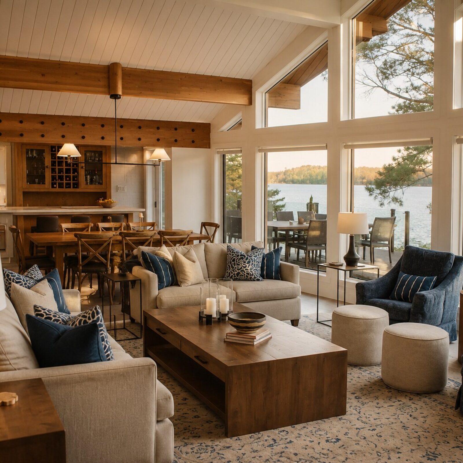 A living room open to the lake