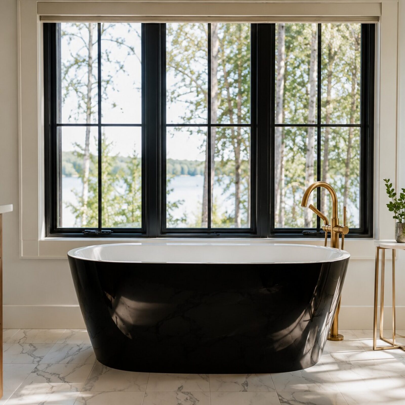 A sculptural tub framed by the trees