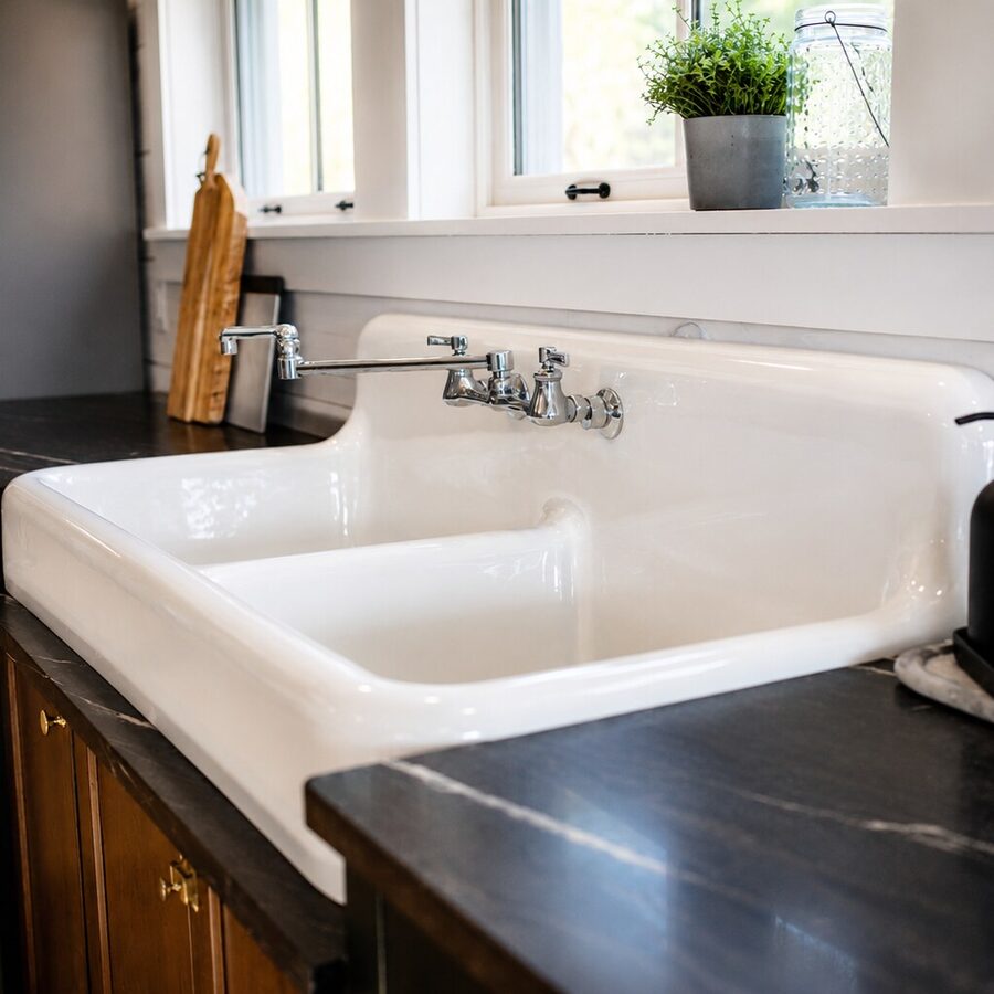 A farmhouse sink by the window